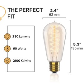 Hudson Vintage Incandescent Edison Light Bulbs 60W (6 Pack) E26/E27 Base 2100K Dimmable Decorative Lightbulbs - ST58 Style Warm Light-Antique Spiral Filament Vintage Light Bulb for Outdoor and Indoor