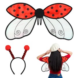 LANGFON Ladybug Wings Strap-On Red Lady Beetle Costume Wings for Women Dress-up Adjustable Ladybird Costume Wings with Headband for Girls Kids Birthday Party Holiday Adult Costume Cosplay Accessories