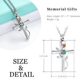 Cross Urn Necklace for Ashes Birthstone Rose Flower Cremation Jewelry for Women Gilrs Keepsake Memorial Ashes Pendant