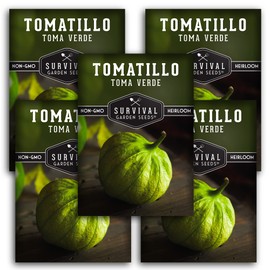 Survival Garden Seeds - Toma Verde Tomatillo Seed for Planting - 5 Packs with Instructions to Plant & Grow Green Salsa Vegetables in Your Home Vegetable Garden - Non-GMO Heirloom Variety