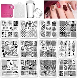 Nail Stamping Plates Set 12 pcs Nail Plates 1 Stamper 1 Scraper 1 Storage Bag Nail Plate Template Image Plate Stencil Nails Tool