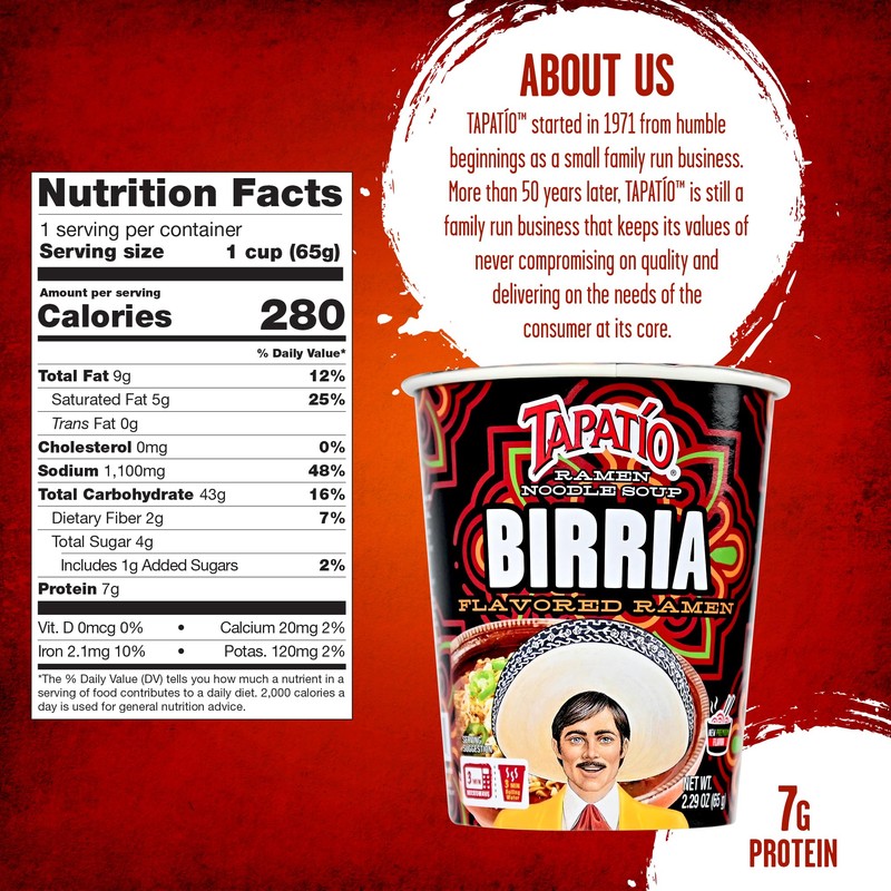 Tapatío Ramen Noodle Soup, Birria Flavored - Microwaveable Cup, 2.29