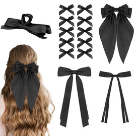 CAVETEE 14 PCS Hair Bows for Women, Black Silky Satin Bow Hair Clips with Oversized Long Tail，Variety Style Cute Barrettes Hair accessories for Women Girls