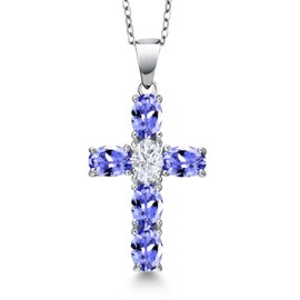 Gem Stone King 925 Sterling Silver Blue Tanzanite and White Moissanite Cross Pendant Necklace for Women | 2.75 Cttw | Gemstone December Birthstone | Oval 6X4MM | With 18 Inch Chain