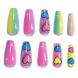 BABALAL Press on Nails Long - Coffin Fake Nails, Colorful Rainbow Heart Design, Acrylic Nails Supplies 24Pcs Coquette Ballerina Manicure False Nails Diy Artificial Nails Art Gel Nails for Women