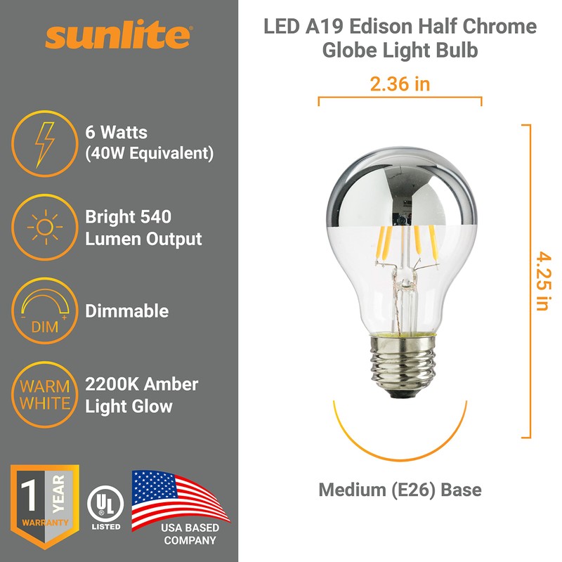 Sunlite 80497 LED A19 Edison Half Chrome Globe Light Bulb,