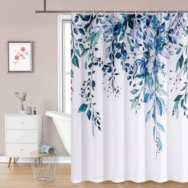 REZAYMRS Flower Shower Curtains with 12 Hooks, Polyester Waterproof Shower Curtain for Bathroom, Weighted Hem, Bathtubs, Hotel Curtain, Machine Washable, Quick Drying (Blue)