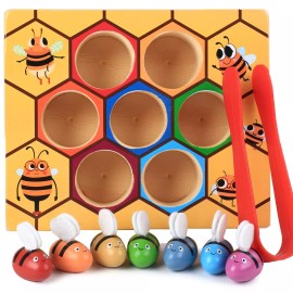 YUNCHY Toddler Fine Motor Skill Toy Bee to Hive Matching Game Montessori Wooden Co