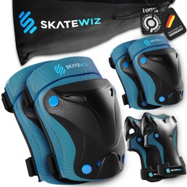 SKATEWIZ - Rodilleras para niños - Protectores de muñeca para patinaje sobre ruedas para niños, protección 1 - Talla S en azul - almohadillas para orejas de patinaje para niños