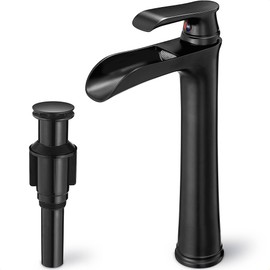HOIGY Waterfall Bathroom Sink Faucet, Brass Tall Black Bathroom Faucet Single Handle Vessel Faucet, Bathroom Faucets One Hole Mixer Bowl Tap with Pop-Up Drain Water Hoses for Vanity Lavatory Farmhouse