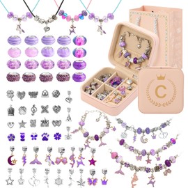Charm Bracelet Making Kit, Jewelry Making Kit for Girls 8-12, DIY Necklace Kit with Initial Jewelry Box, Unicorns Crafts Arts Girls Toys Age 6-8 Birthday Valentines Day Gifts for 5-12 Yr Old Kids - C