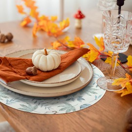 ADRIMER Fall Placemats, Thanksgiving Round Placemats for Dining Table Set of 6, Exquisite Autumn Kitchen Table Mats for Indoors Outdoors Home Holiday Party Decor, Cyan Maple Leaf & Pumpkin