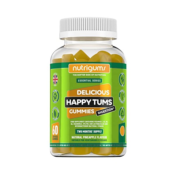 NUTRIGUMSÂ® Happy TUMS (Probiotics) 60 Vegan Gummies. Pineapple Flavour. Gut & Digestive Health 1.25 Billion CFU Probiotics, Vitamins C, B3, B5, B6, Chamomile and Xylitol. Adults + Kids Age 5+