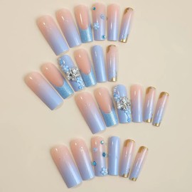 Long Press on Nails Square Fake Nails French Tip False Nails with Flower 3D Silver Butterfly Designs Glue on Nails Blue Glitter Glossy Acrylic Nails Full Cover Stick on Nails for Women 24 Pcs