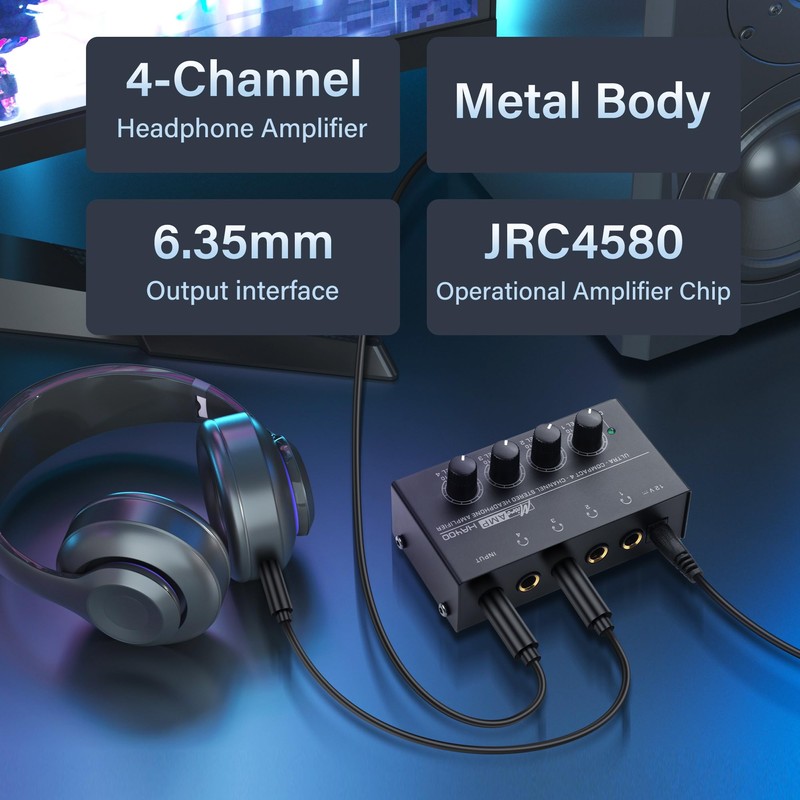 SinLoon HA400 4-Channel Stereo Headphone Amplifier, Metal Mini Audio Splitter