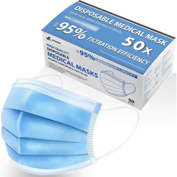 Voxkin 50 Disposable Medical Face Masks - Lab Tested, 3 Ply Protection Surgical Masks - Effective Filtration, Breathable Facial Masks with Earloop, Mouth & Nose Protection Dust Safety Mask - Blue