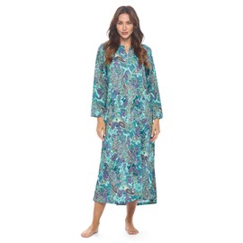 Casual Nights Women's Zip-Front Lounger Robe Long Duster Housecoat with Pockets, Aqua Green Paisley, XX-Large