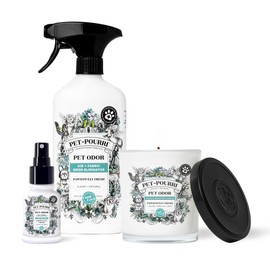 Pet-Pourri Pawsitively Fresh Pet Odor Freshener Bundle - 16 Fl Oz Air + Fabric Spray, 7.5 Oz Candle Jasmine, Fresh Air and Pear