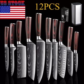 Unbranded Kitchen Knives Set Stainless Steel Chef Knife Cleaver Damascus Pattern Sharpener