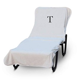 Luxury Hotel & Spa Monogrammed Pool Chaise Lounge Cover, Block Letter Embroidered - Extra Absorbent 100% Turkish Cotton- Soft Terry - Hotel-Style, Standard Size 90" X 29" - White - Black Letter T