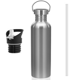 lompyeu Stainless Steel Drinking Bottle, 1 Litre, Non-Insulated Single-Walled Water Bottle with 2 Interchangeable Caps, BPA-Free Sports Bottle, Outdoor Drinking Bottles for Fizz, Sports, School
