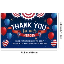Thank You to Our Heroes Banner Decorations, Patriotic Backdrop Background for Greeting Police Military Army Employees Heroes Theme Party Supplies, 71 x 43 Inch