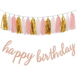 Rose Gold Happy Birthday Banner and Paper Tassel Garland - Party Decorations for Baby Girls Women - Retro Pink and Gold Sign