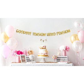 Goodbye Tension Hello Pension Gold Glitter Banner - Retirement Party Supplies, Gifts and Decorations