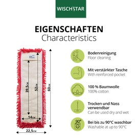 Wisch-Star Mop Cover 50 cm Microfibre in Red, Floor Mop Cover, Replacement Cover with Pockets, for All Standard Folding Holders