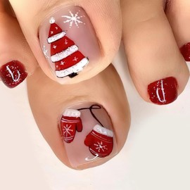 Jremg Christmas Press on Toenails Short Square with Red Gloves Designs Glossy Red Winter Xmas Trees Full Cover Glue on Toenails Cute Snowflake Red Solid Color Acrylic Toenails for Women 24Pcs