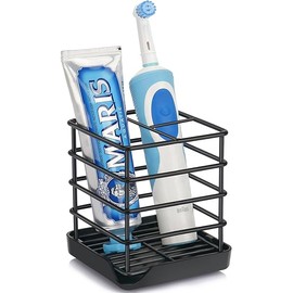 Toothbrush Holders for Bathrooms, Stainless Steel Bathroom Toothbrush Holder Kids Electric Tooth Brushing Holder Stand and Toothpaste Holder for Bathroom Accessories Organizer with Tray, Black (Small)