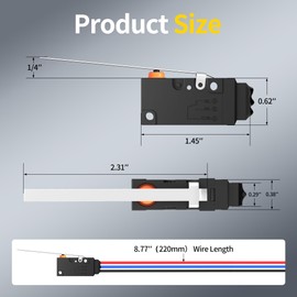 Joinfworld Waterproof Micro Limit Switch with Long Straight Hinge Lever SPDT 3 PIN 10A 125 250V Micorswitch with Pre-Wired for Arduino, Appliance and Electronic - 2Pack