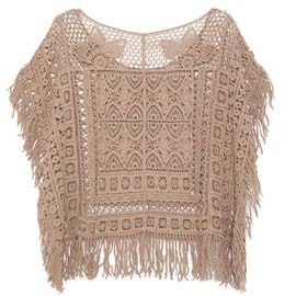 jastie Women Boho Hippie Crochet T-Shirt Short Top (Warm Taupe)