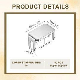 sourcing map 50Pcs Zipper Stoppers, #10 Copper Top & Bottom Zipper Slider Retainers for Bags Coats Jackets Zippers Repairing Replacement, Silver