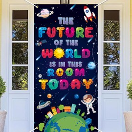 Back to School Door Cover Space Party Door Banner Decor Galaxy Theme Decorations for School Classroom Supplies
