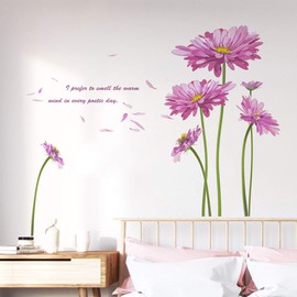 Pink Daisy Floral Bedroom Wall Decor, iinuu Sweet Peony Flowers Wall Decals for Living Room Nursery Wall Decorations Removable Wallpapers Murals Art Applique