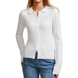 YUNDAI Womens Cardigans Polo Neck Long Sleeve Lightweight Button Down Open Front Jumpers Ladies Tops Ribbed Knit Outerwear Cardigan for Women UK, Small White