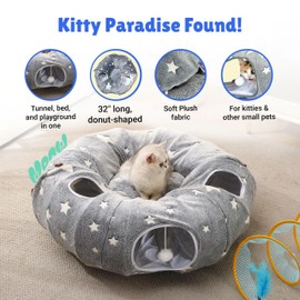 Claujen Cat Tunnel Bed with Peekaboo Cave and Spiral Toy - Interactive Cat Toy for Indoor Fun, Portable Donut Design with Storage Handbag - Ideal for Cats, Ferrets, Rabbits, and Small Pets.