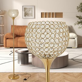 Trssdre Spherical Crystal Floor Lamp, Gold 8.7 in Shade Elegant Standing Light with Crystal lamp Shade, Modern 61 in Tall Pole Lighting for Living Room, Bedroom, Office, E26 Base, LED Bulb Included
