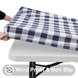 Smiry Rectangle Picnic Table Cloth, Elastic Waterproof Fitted Vinyl Tablecloth for 5 FT Tables, Flannel Backed Buffalo Plaid Table Covers for Dining, Camping, Outdoor (White and Navy, 36" x 60")