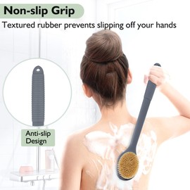 VANZAVANZU 17 Inch Back Scrubber for Shower, Anti-Slip Long Handle Shower Brush with Soft and Stiff Bristles, Exfoliating Bath Brush for Wet or Dry Brushing (Gray)