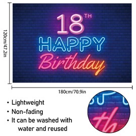 5665 Glow Neon Happy 18th Birthday Backdrop Banner Decor Black,Colorful Glowing 18 Years Old Birthday Party Theme Decorations for Boys Girls Supplies