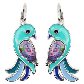 DOWAY Enamel Tropic Parrot Bird Mini Huggie Hoop Earrings Stud Clip with Dangle Charms Jewelry for Women Girls Gift (Blue)