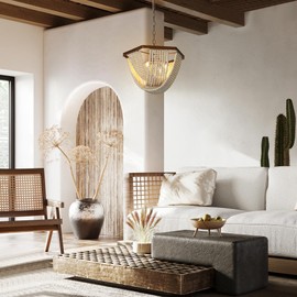 Beaded Chandelier, Gold Wood Chandelier Light Fixture with White Bead, Modern 4 Light Boho Hanging Lights for Dining Room, Living Room, Antique Gold