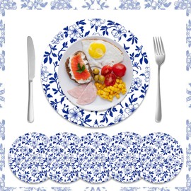 Paper Placemats Disposable Vintage Blue Floral Place Mats Chinoiserie Blue and White Placemats Decorative Round Table Mats for Birthday Wedding Dinner Table Setting Party Supplies Table Decor(30 Pack)