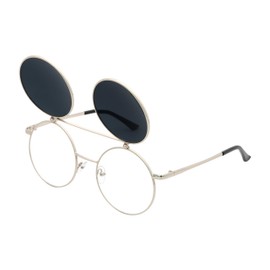 J&L Glasses Retro Flip-Up Round Goggles Steampunk Sunglasses (Silver,Black, Clear)