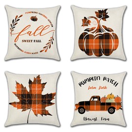 Sungeek 4er Set Herbst Kissenbezüge, Leinen Dekorativ Zierkissenbezüge Kürbis Kissenbezug Erntedankfest Deko Kissenhülle für Sofa Couch Schlafzimmer Wohnzimmer (45x45 cm, Orange Plaid LKW)