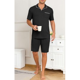PrinStory Mens Pajamas Set Summer Pjs Sets Lightweight Short Sleeve Pajama Soft Sleepwear Loungewear with Pockets Black-L