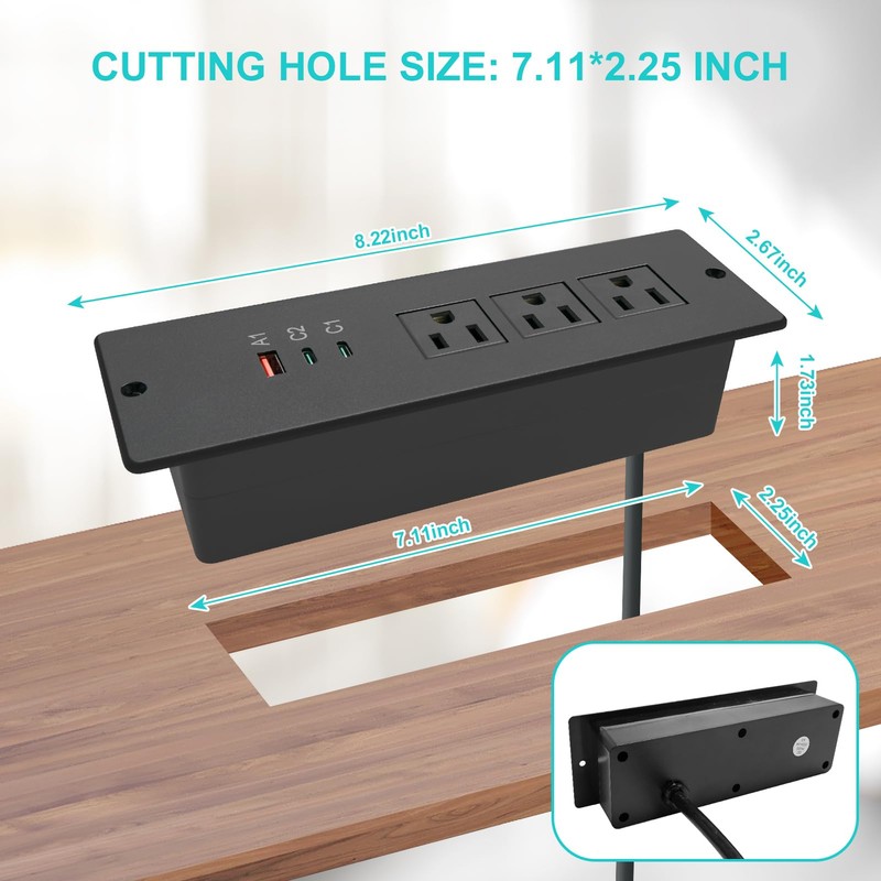 45W Recessed Power Strip USB C, Flush Mount Desk Extender