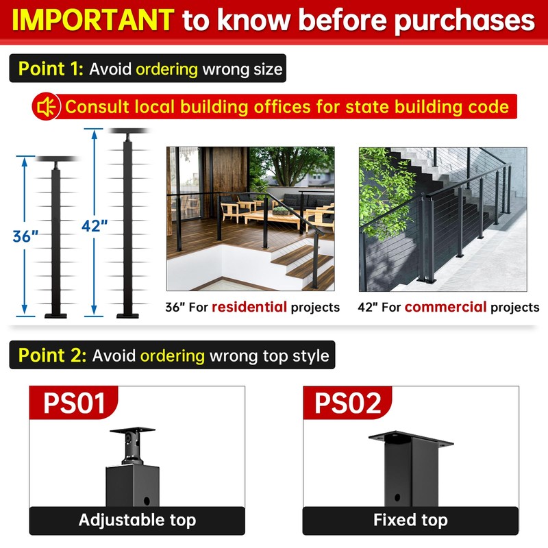 Muzata Black Cable Railing Post 36 Inch 36"x2"x2" Level Drilled